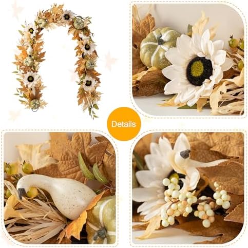 Glitzhome 72" L Neutral Fall Garland - Beige Sunflower Pumpkin Rattan Decor - Extra Long Fireplace Mantle Staircase Thanksgiving Christmas Decor - Image 7