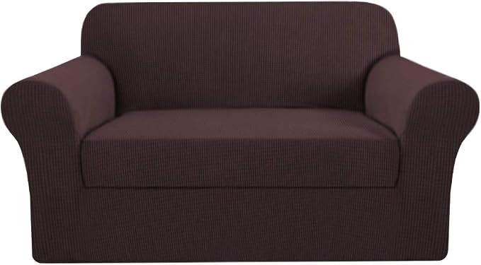 H.VERSAILTEX 2 Separate Pieces Stretching Loveseat Slipcover/Furniture Cover Love Seat, Thick and Durable Jacquard Covers Suit for T Cushion/Box Cushion, Easy to Put on (Loveseat, Brown)