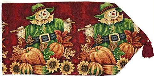 Tache Home Fashion VE12921-1TR-1390 Pumpkin Field Scarecrow Thanksgiving Autumn Harvest Country Farmhouse Vintage Decorative Woven Tapestry Table Runners, 13x90 by TacheHomeFashion