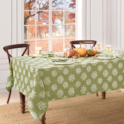 Falling Leaves Jacquard Tablecloth, Green - 60" W x 84" L - Image 2