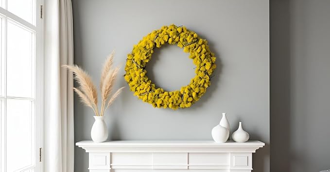 SuperMoss (22626) Lush Reindeer Moss Wreath – Handcrafted Preserved Moss Wreath for Home Décor, Indoor & Sheltered Outdoor Use, Made in USA, 18”, Sunflower