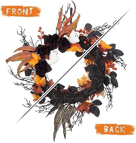 Takywep 26 Inch Halloween Wreaths for Front Door, Ghost Wreath with Black Roses Feathers and Maple Leaves, Spooky Indoor Outdoor Door Hanging Decorations Porch Wall Home Decor - Image 5
