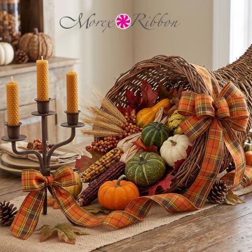Morex Ribbon Fall Harvest Plaid Wired Ribbons, Fall Home Décor, Orange and Brown, Golden Metallic, 5 Pack 2-1/2" x 10yd - Image 6