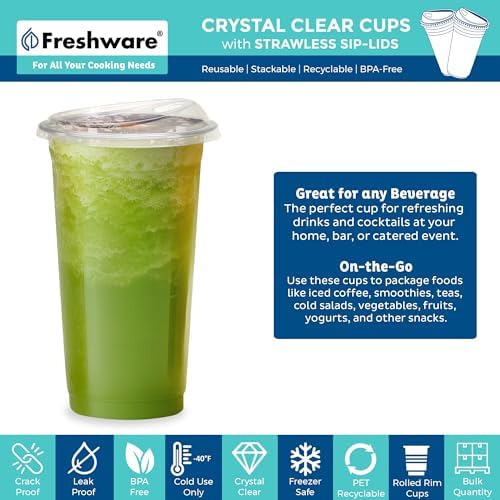 Freshware 24 oz Clear Disposable Plastic Cups with Strawless Sip Lids, 100 Pack Clear Plastic Tumblers, Heavy-duty Party Glasses, Disposable Cups for Thanksgiving, Halloween, Christmas Party - Image 2