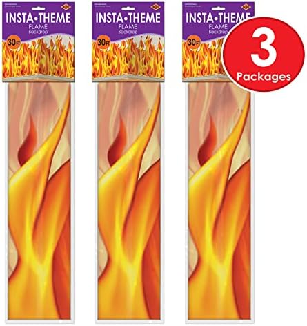 Beistle Plastic Flame Wall Backdrops, 4’ x 30’, 3 Pack – Photo Backdrop, Easy to Adhere Wall Covering, Party Decor, Burning Fire Photography Background for Birthdays, Holidays & Events