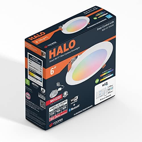 HALO HLB6099WZRGBWMWR 6” Smart Wi-Fi Slim Canless LED Downlight Powered by WiZ Pro, Dimmable Full Color with Smart Home Integration (Pack of 4)