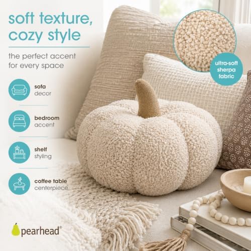 Pearhead Sherpa Pumpkin Pillow Decor, Modern Fall Home, 9", Cream - Image 3