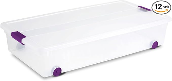 Sterilite 12-Pack ClearView Latch Box, Wheeled Underbed Organizer Bins for Home, 60 Quart | Clear Plastic Organizer Bins with Color Accent Latches and Wheels for Closet, Home Bedroom and Dorm Room