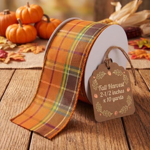 Morex Ribbon Fall Harvest Plaid Wired Ribbons, Fall Home Décor, Orange and Brown, Golden Metallic, 5 Pack 2-1/2" x 10yd - Image 5