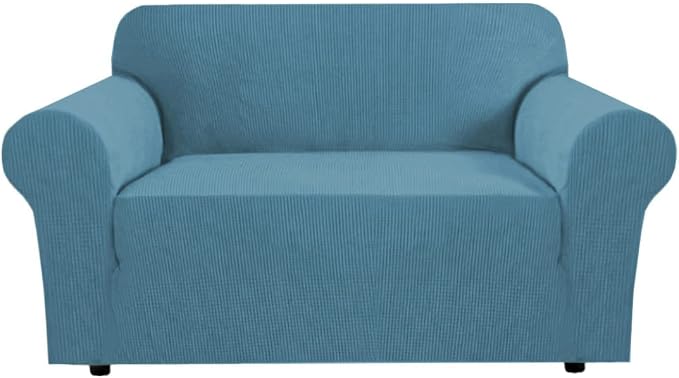 H.VERSAILTEX Stretch Couch Cover Couch Slipcovers for 2 Cushion Couch Washable Couch Covers 1 Piece with Elastic Bottom, Textured Checked Jacquard Fabric(Loveseat 58"-70" Wide, Storm Blue)
