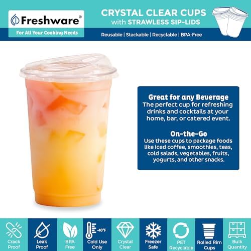 Freshware Clear Plastic Cups with Strawless Sip Lids [100 Cups - 16 oz] Disposable Cup for Iced Coffee, Smoothie, Milkshake, Cold Drinks - Image 2
