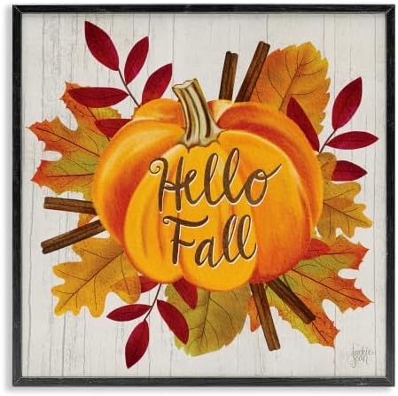 Hello Fall Pumpkin Autumn Tree Leaves, 12 x 12 Inch Framed Giclée Print by StupellIndustries