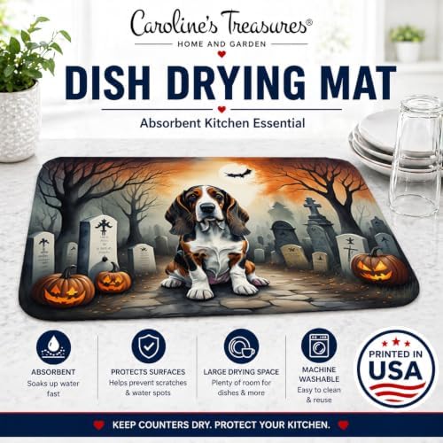 Caroline's Treasures DAC2010DDM Basset Hound Spooky Halloween Dish Drying Mat Absorbent Dish Drying Mat Pad for Kitchen Counter Dish Drainer Mat for Countertop, 14 x 21", Multicolor