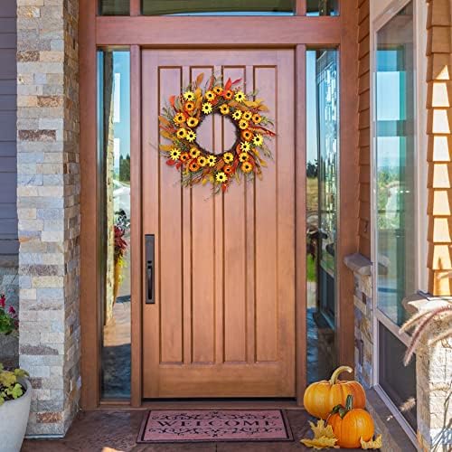 20" Artificial Fall Floral Wreath Orange Daisy Autumn Wreath Wildflowers Wreath for Front Door Wall Window Farmhouse Indoor Outdoor Decoration Thanksgiving Harvest Festival Celebration - Image 3