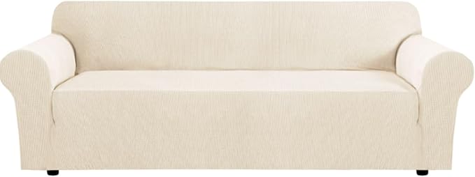 H.VERSAILTEX Stretch Couch Covers for Sofa 1 Piece Slipcovers for Couches Sofas 3 Seater Couch Cover Feature Thick Checked Jacquard Fabric with Elastic Bottom,L Sofa 90"-100" Wide,Cream