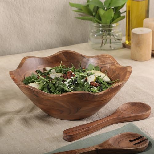 Gibson Home Sandhurst 3-Piece Acacia Wood Salad Bowl Set – 12-Inch Scalloped Serving Bowl with Wooden Salad Servers – Natural Rustic Finish for Dining, Entertaining, or Gifting - Image 4