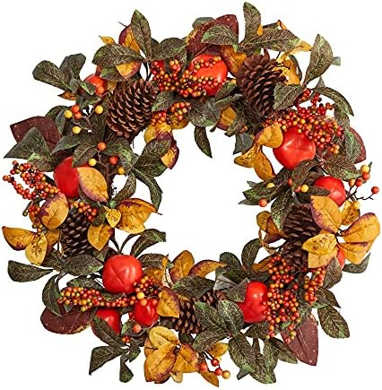Nearly Natural 26 in Autumn Maple, Persimmons, and Pinecones Fall Wreath by NearlyNatural
