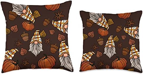 Gnome Pumpkin Leaves Acorn Pattern Fall Autumn Thanksgiving Throw Pillow - Image 3