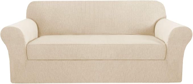 H.VERSAILTEX 2 Piece Sofa Slipcovers Couch Cover High Stretch Cover for Sofa Suit for T Cushion/Box Cushion, Spandex Jacquard Fabric Furniture Protector - Sofa 72"-88" - Natural