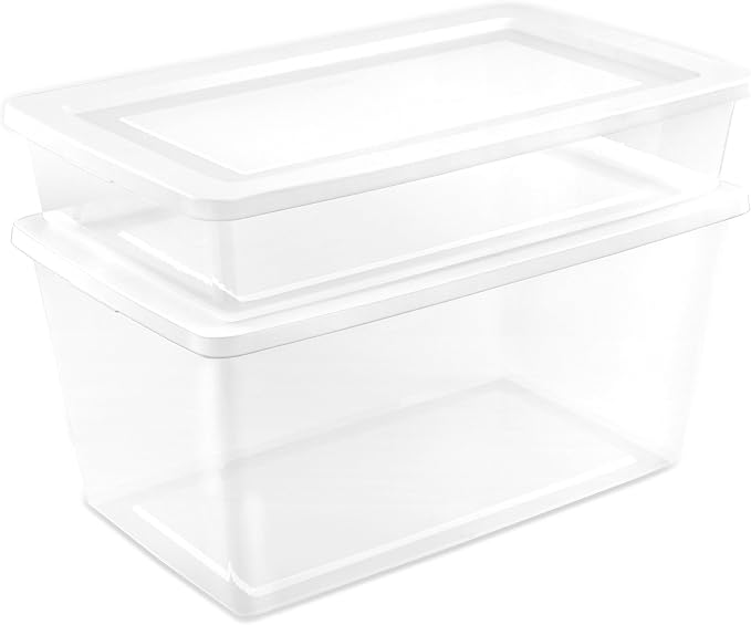 Sterilite 41 Qt Underbed Storage Box, Stackable Bin with Lid, Plastic Container to Organize Bedroom, Clear Base and White Lid, (Pack of 6)