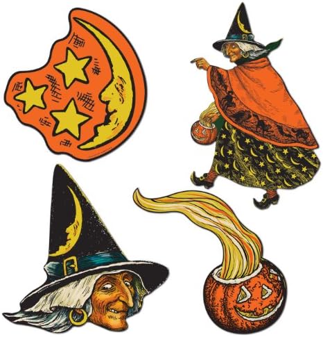 Beistle Vintage Halloween Cutouts, 12 Count, Retro-Inspired Witches and Moons, Classic Wall and Window Decorations for Haunted House and Party Displays, 6.5” - 10.5”
