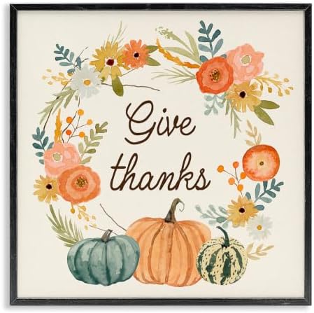 Thanksgiving Pumpkin Wreath Sentiments, 12 x 12 Inch Framed Giclée Print by StupellIndustries