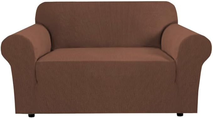 H.VERSAILTEX Stretch Couch Cover Loveseat Covers for 2 Cushion Couch Slipcover|Cover for Loveseat 1 Piece with Elastic Bottom, Checked Jacquard Fabric(58'-70' Wide, Caramel)