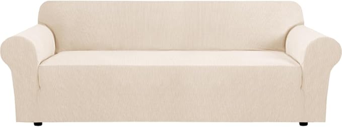 H.VERSAILTEX Stretch Oversized Couch Cover 1 Piece Sofa Slipcovers for Living Room Feature Thick Checked Jacquard Fabric with Elastic Bottom, Sofa X-Large - Natural