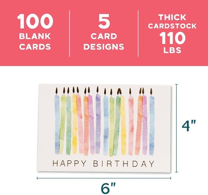 VNS Creations 100 Pack 4x6 Happy Birthday Cards Bulk with Envelopes & Stickers - Boxed, Blank Inside, Variety, Office Party - Assorted Birthday Greeting Note Cards Assortment Box for Kids & Adults
