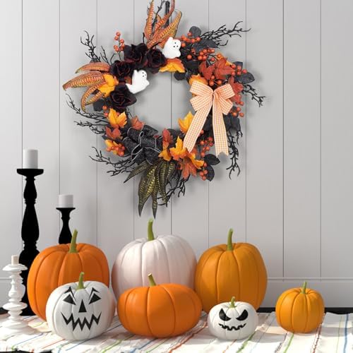 Takywep 26 Inch Halloween Wreaths for Front Door, Ghost Wreath with Black Roses Feathers and Maple Leaves, Spooky Indoor Outdoor Door Hanging Decorations Porch Wall Home Decor by HOME