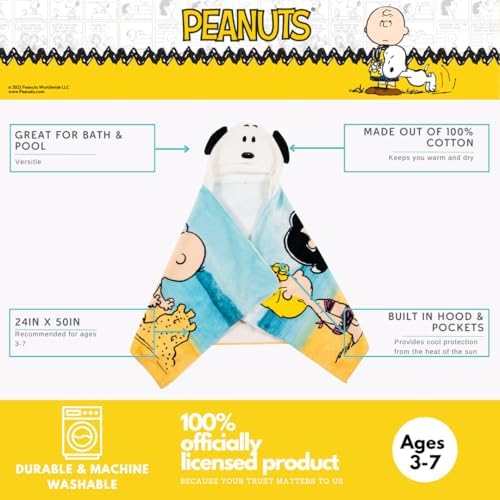Peanuts Snoopy Kids Super Soft Bath/Pool/Beach Soft Cotton Terry Hooded Towel Wrap, 24 in x 50 in, (Officially Licensed Product) by Franco