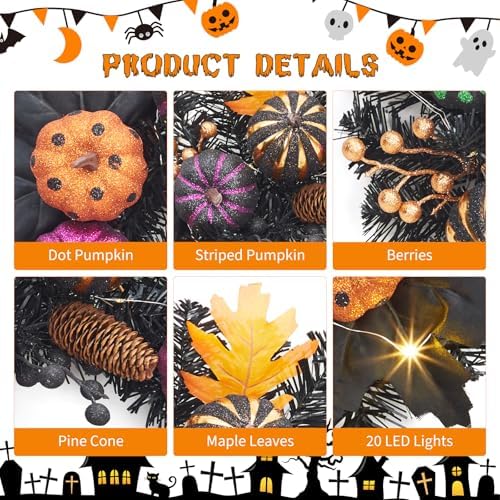 Takywep 20 Inch Halloween Wreaths for Front Door with Lights, Prelit Pumpkin Wreaths with Black Branch Berries Maple Leaves, Halloween Decorations for Indoor Outdoor Window Wall Decor - Image 5