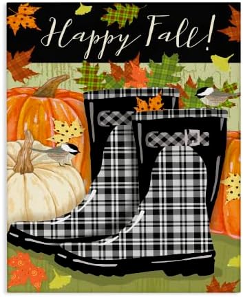 Happy Fall Phrase Black Rainboots, 36 x 48 Inch Canvas Wall Art by StupellIndustries