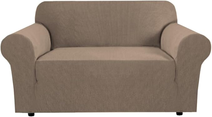 H.VERSAILTEX Stretch Couch Cover Loveseat Covers for 2 Cushion Couch Sofa Slipcover for Love Seat 1 Piece with Elastic Bottom, Checked Jacquard Fabric(Loveseat 58"-70" Wide, Macchiato)