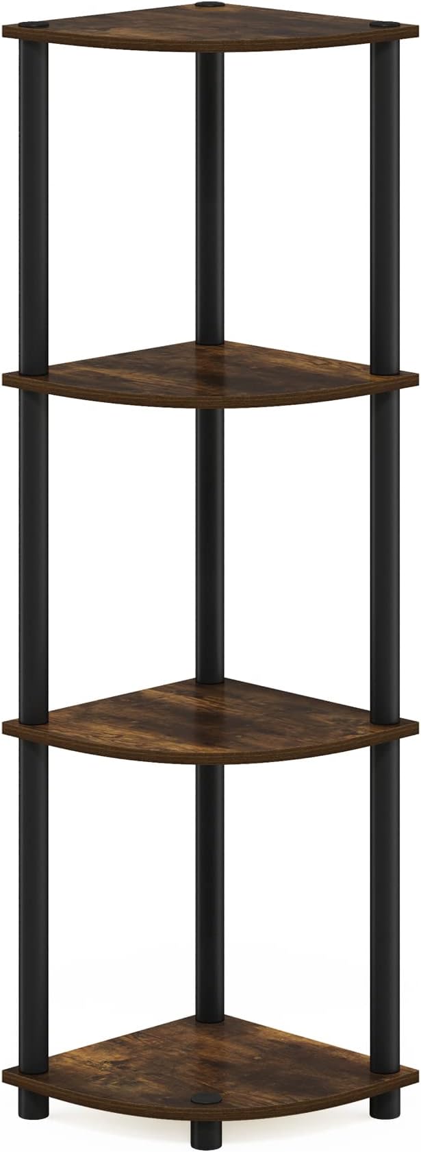 Furinno Turn-N-Tube Toolless Assembly 4-Tier Corner Shelf, Rustic Brown Corner Book Shelf, Open Shelves Bookshelf, for Organization and Storage, Living Room, Home Office, Bedroom, Amber Oak