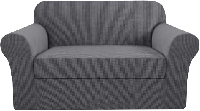 H.VERSAILTEX High Stretch Rich Jacquard 2-Piece Loveseat Slipcover/Furniture Covers for Loveseat with Elastic Bottom, Suit for T Cushion/Box Cushion Spandex Jacquard Fabric, Charcoal Gray