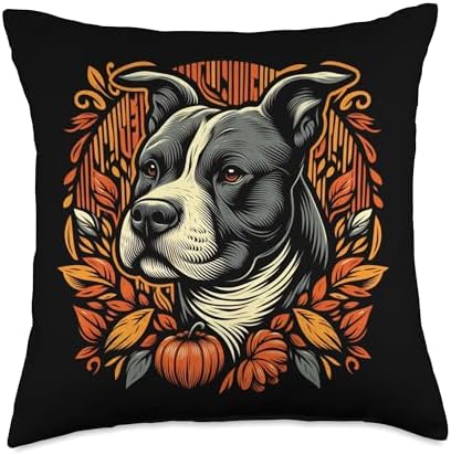 Pit Bull Thanksgiving Autumn Fall Red Leaves Pitbull Floral Throw Pillow by Unknown