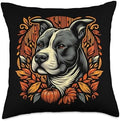 Pit Bull Thanksgiving Autumn Fall Red Leaves Pitbull Floral Throw Pillow by Unknown