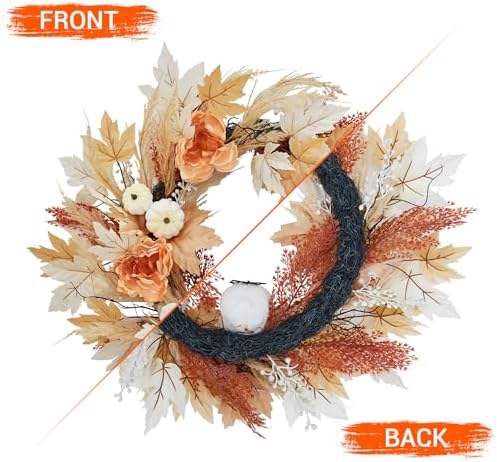 Takywep Pre-Lit 22 Inch Halloween Wreath for Front Door with 20 LED Lights, Skull Wreath with White Pumpkins Maple Leaves, Halloween Fall Thanksgiving Decor for Indoor Outdoor - Image 3