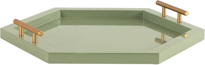 Kate and Laurel Halsey Decorative Hexagon Tray with Gold Metal Handles; 18 x 16; Green and Gold; Modern Glam Serving Tray with Handles for Living Room Decor