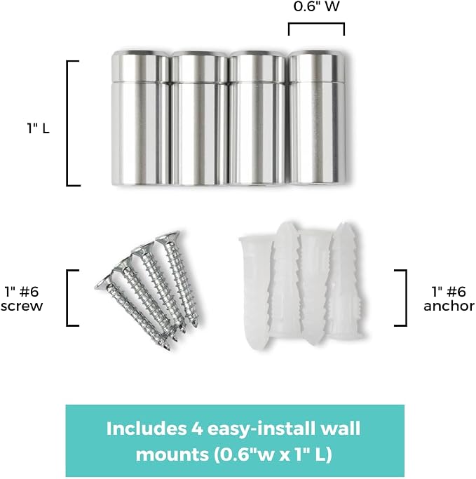 1" Silver Stainless Steel Mounting Hardware for Acrylic Floating Frames (Pack of 4) | 1" Silver Designer Grade Brushed Aluminum Standoffs for Floating Frames, Corrosion-Resistant, with Screws & Anchors