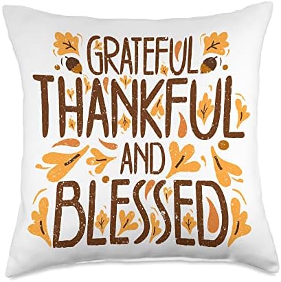 Family Thanksgiving Day Turkey Grateful Thankful & Blessed Throw Pillow by Unknown