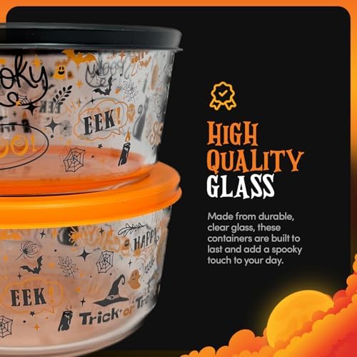 DURA LIVING Halloween Glass Food Storage Containers with Lids | Set of 6 (3 Containers + 3 Lids) 2-Cup | Spooky Design, BPA-Free, Microwave & Dishwasher Safe|Perfect for Meal Prep, Snacks & Leftovers