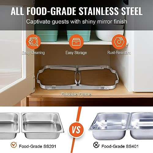 VEVOR Chafing Dish Buffet Set, 8 Qt 4 Pack, Stainless Chafer with 4 Full Size Pans, Rectangle Catering Warmer Server with Lid Water Pan Folding Stand Fuel Tray Holder Spoon Clip - Image 3
