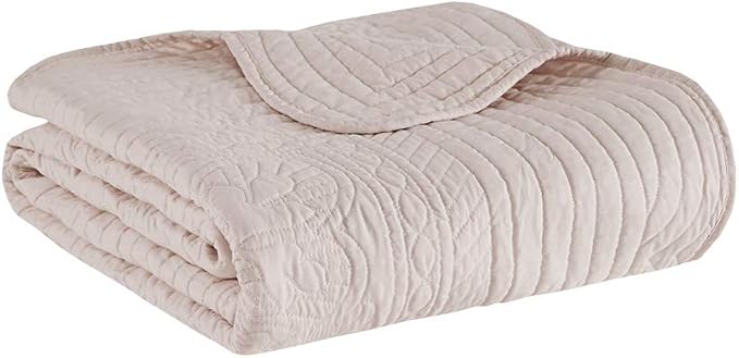 Madison Park Luxe Damask Stitching Throw Blanket, 60"x72" | Cotton Filled Spread, Ultra Soft, Cozy Bedding for Living Room Couch, Sofa, Bed, Scalloped Borders, Blush