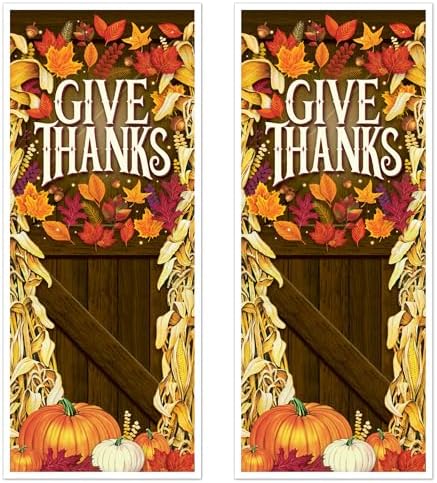Beistle Give Thanks Door Cover – 2 Pack, All-Weather Thanksgiving Door Decorations with Pumpkins & Autumn Leaves, Rustic Fall Harvest Porch Décor for Home, Seasonal Parties & Holiday Events, 6’ x 30” by Beistle