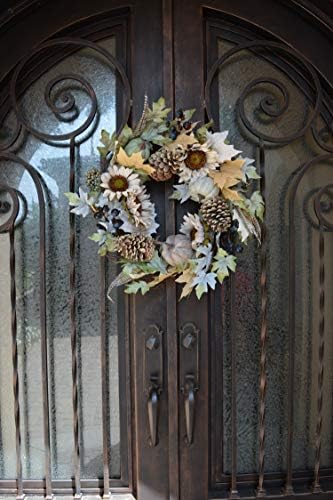 Admired By Nature 24 Inch Artificial Pumpkin Sunflower Fall Wreath Wall Door Farmhouse Decor For Home Office Thanksgiving Harvest Wreaths For Front Door Cemetery Wreaths Indoor Outdoor, Rustic White - Image 5