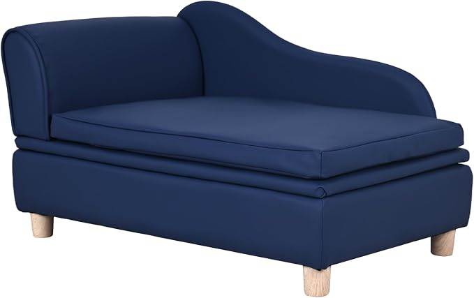 PU Leather Dog Sofa and Chair with Storage - Wooden Frame Cat Sofa Couch with Cushion,Small Pet Bed Sofa for Puppy and Cats (Blue)