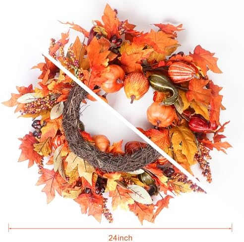 24 Inch Fall Wreath for Front Door Outside, Fall Door Wreaths for Front Door Outside with Pumpkin, Maple, Acorn and Grain, Artificial Autumn Wreaths for Harvest Halloween Thanksgiving Décor - Image 2