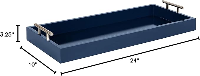 Kate and Laurel Lipton Narrow Decorative Tray; 10 x 24; Navy Blue and Silver; Chic Accent Tray for Display and Storage